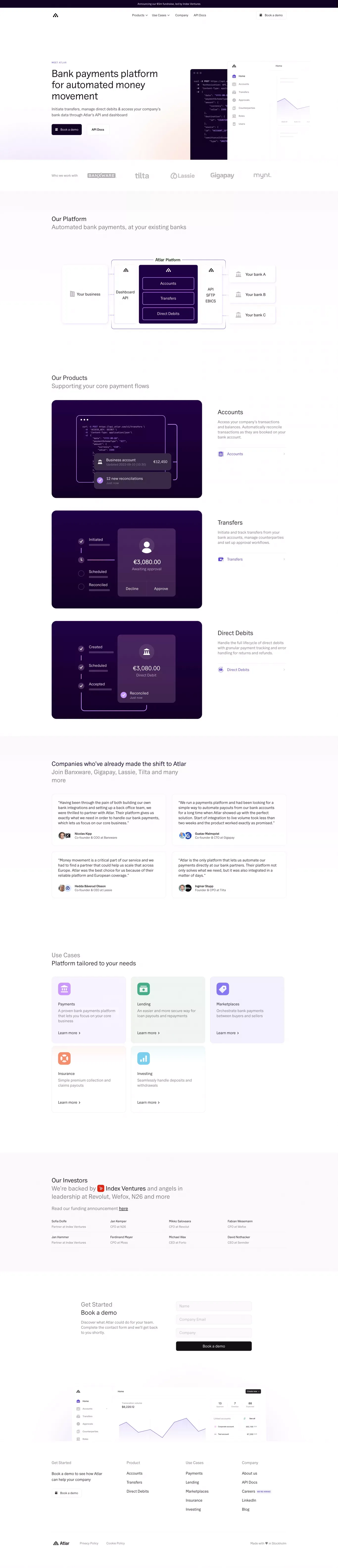 Atlar | Bank payments platform for automated money movement - Landing design