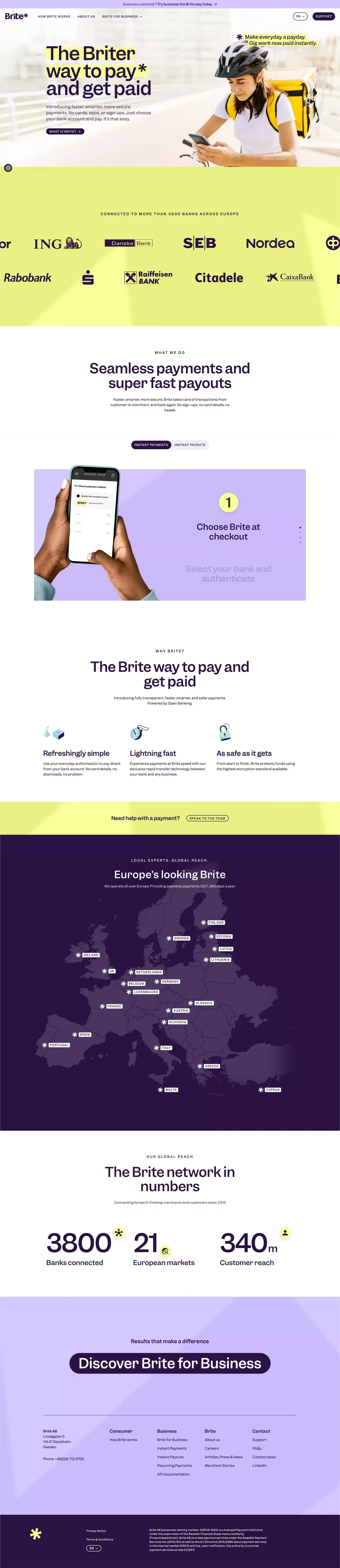 Instant payments | Brite AB | Sweden - Landing design