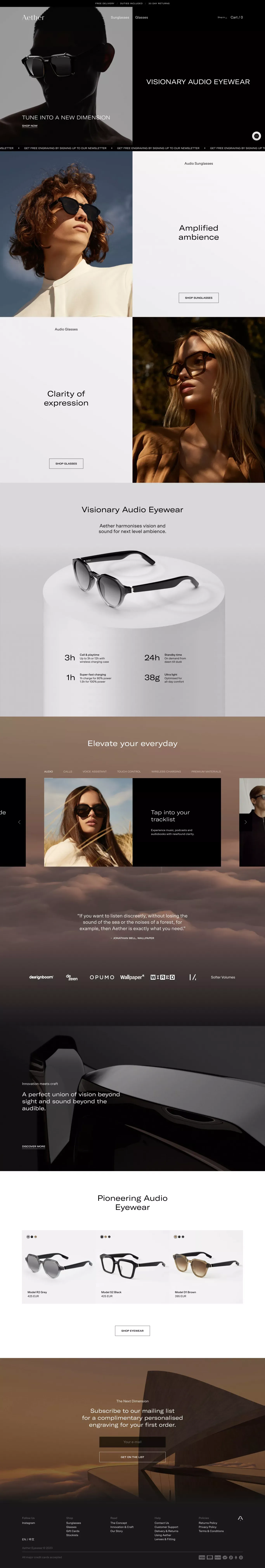 Aether - Visionary Audio Eyewear - Ecommerce design