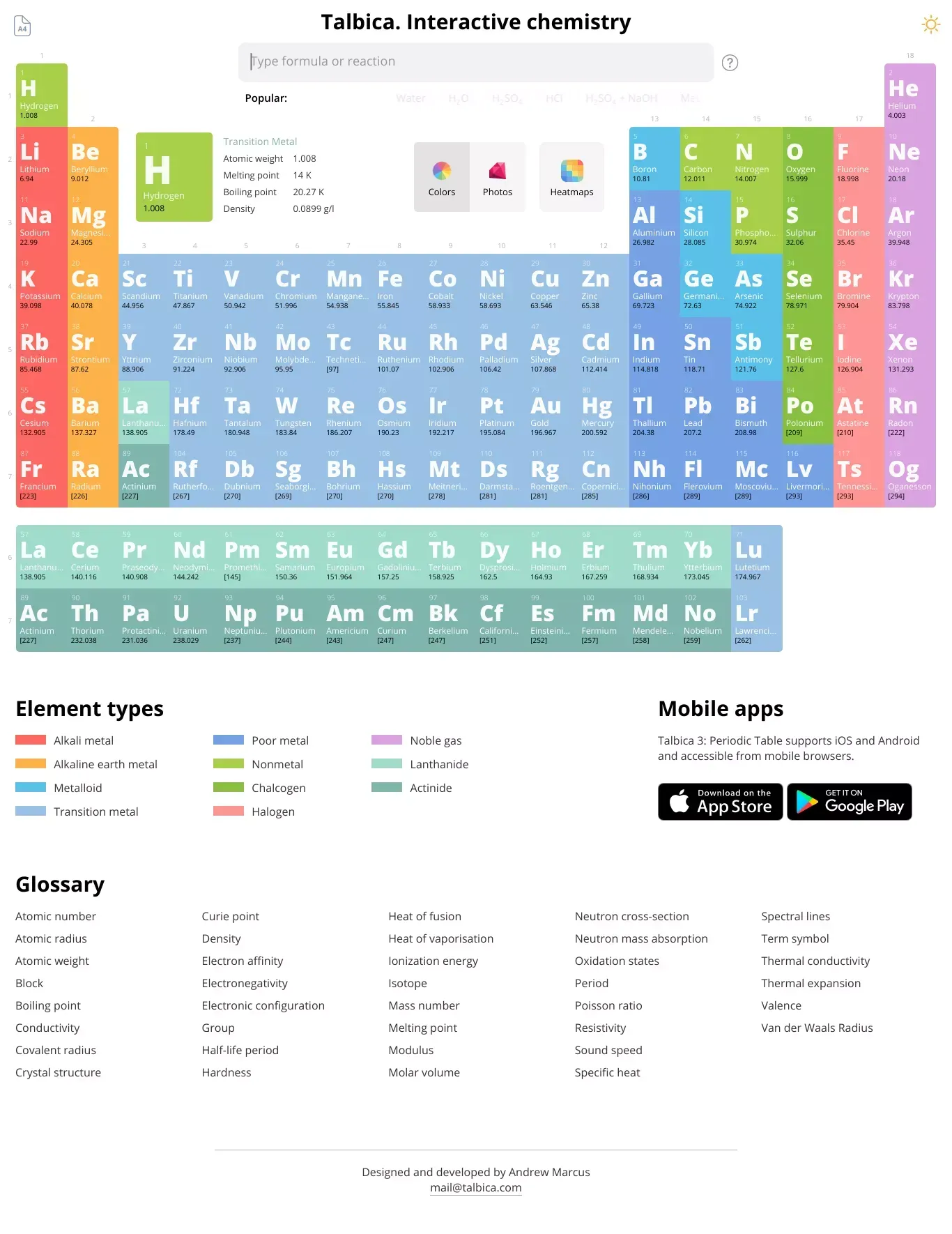 Talbica 3: Periodic Table and Chemical Reactions Database - Landing design
