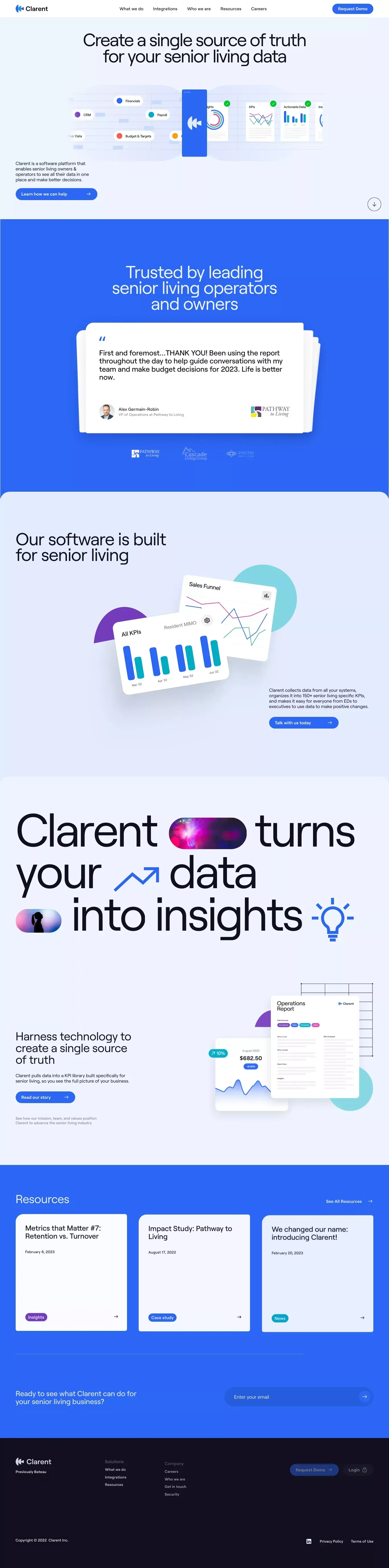 Clarent | Single source of truth for senior living data - Landing design