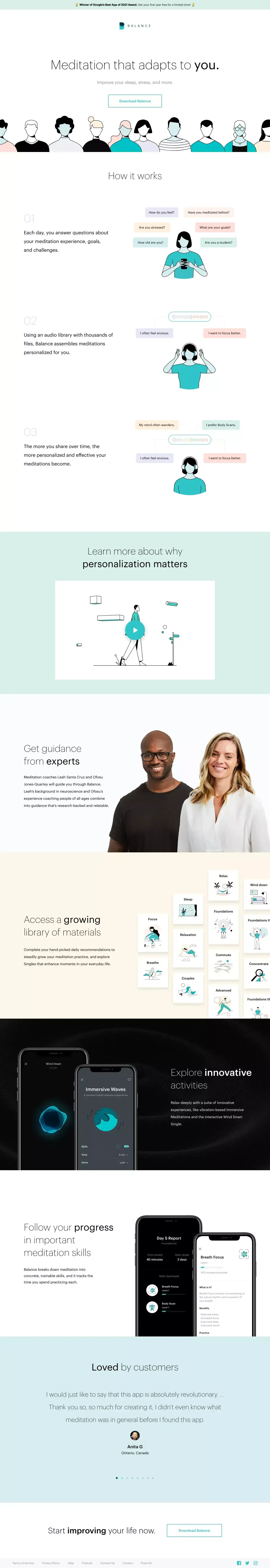 Balance: Personalized Meditation and Sleep Guidance - Landing design