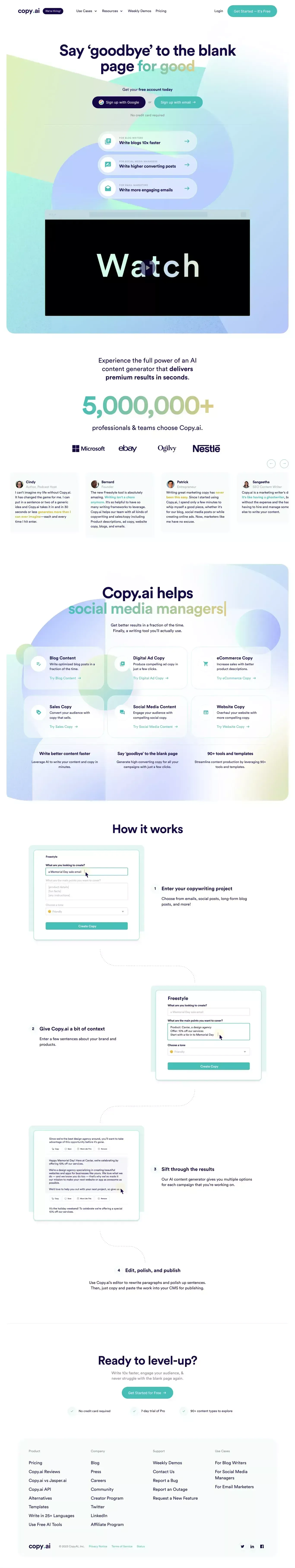 Copy.ai: Write better marketing copy and content with AI - Landing design