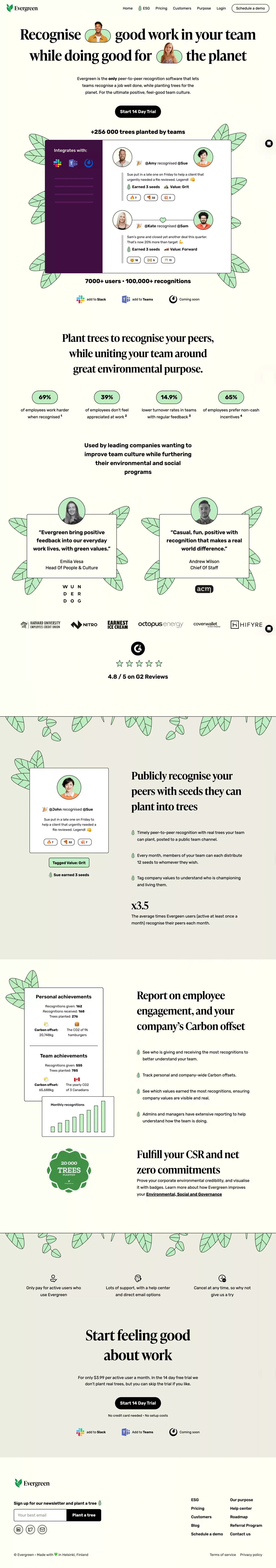 Evergreen | Give recognition and plant trees - Landing design