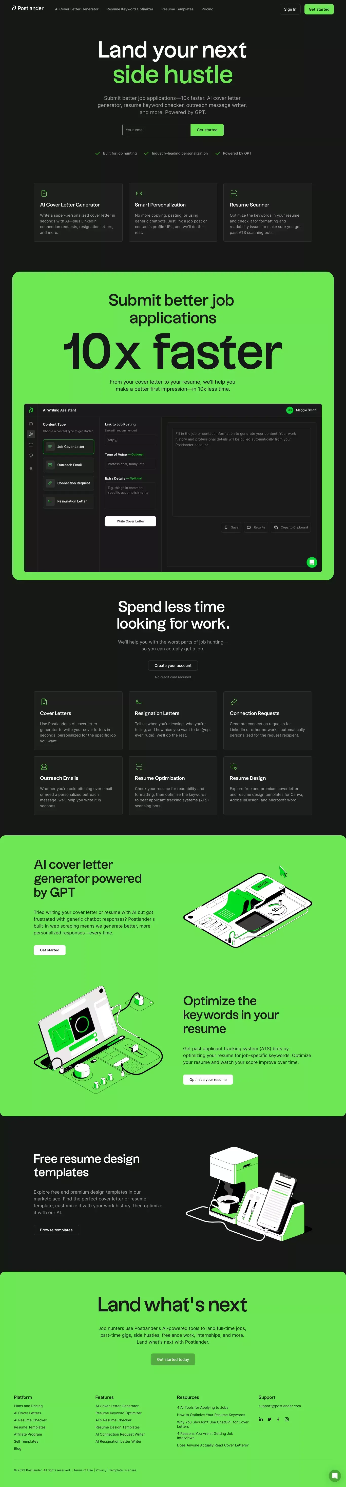 Postlander | AI Cover Letters, Resume Checker, and More - Landing design
