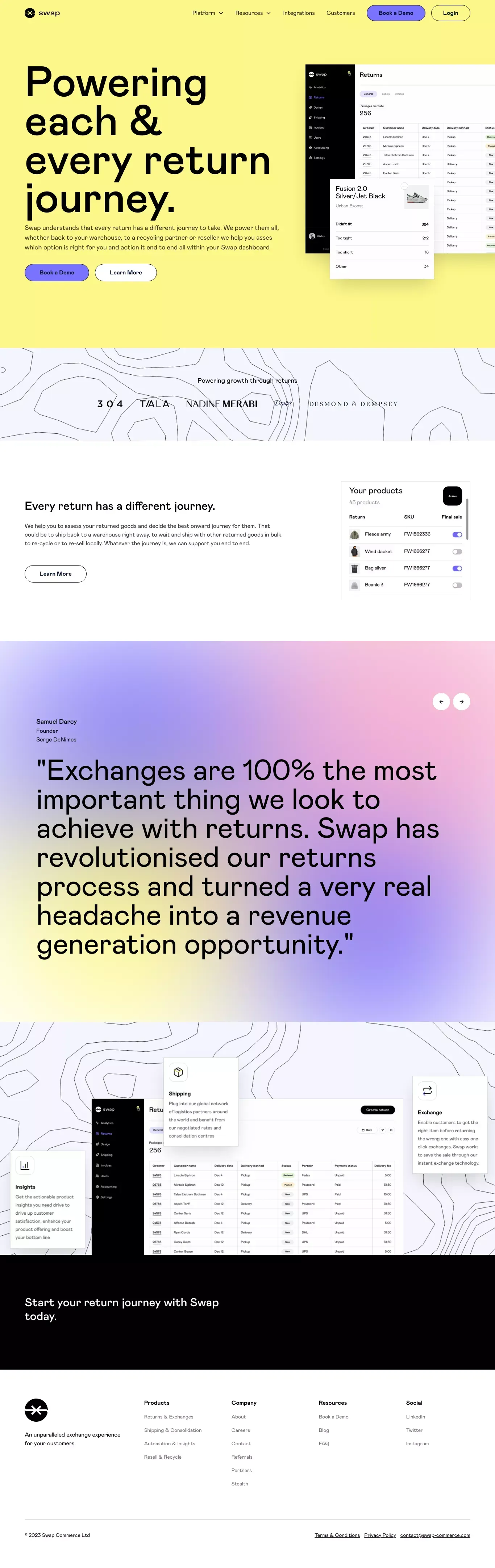 Swap: The exchange first returns platform for Shopify brands - Landing design