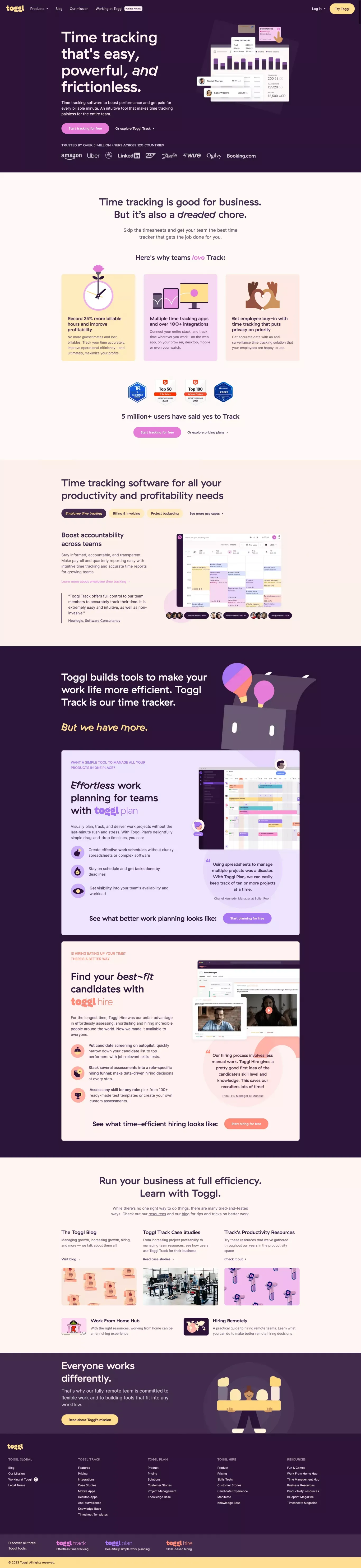 Toggl: Time Tracking Software, Project Planning & Hiring Tools - Landing design