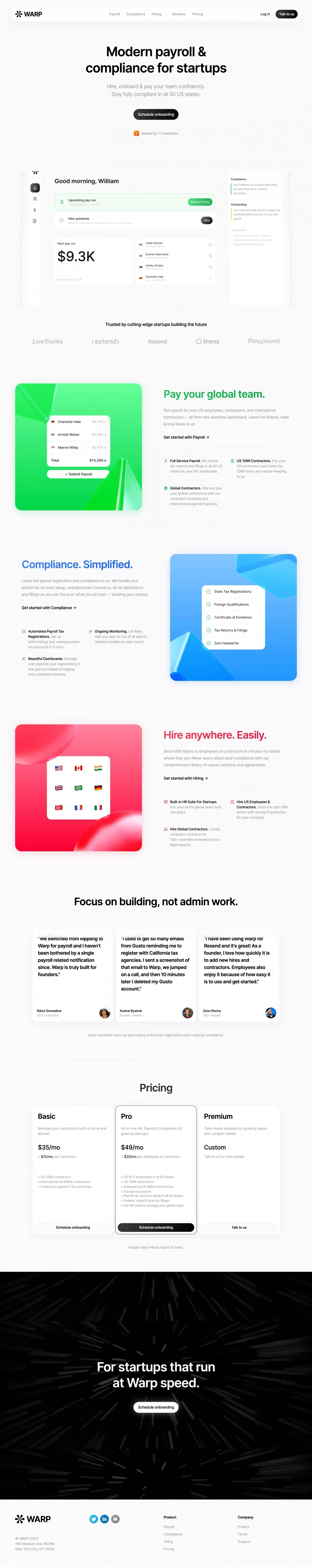 Warp | Modern compliance & payroll for startups - Landing design