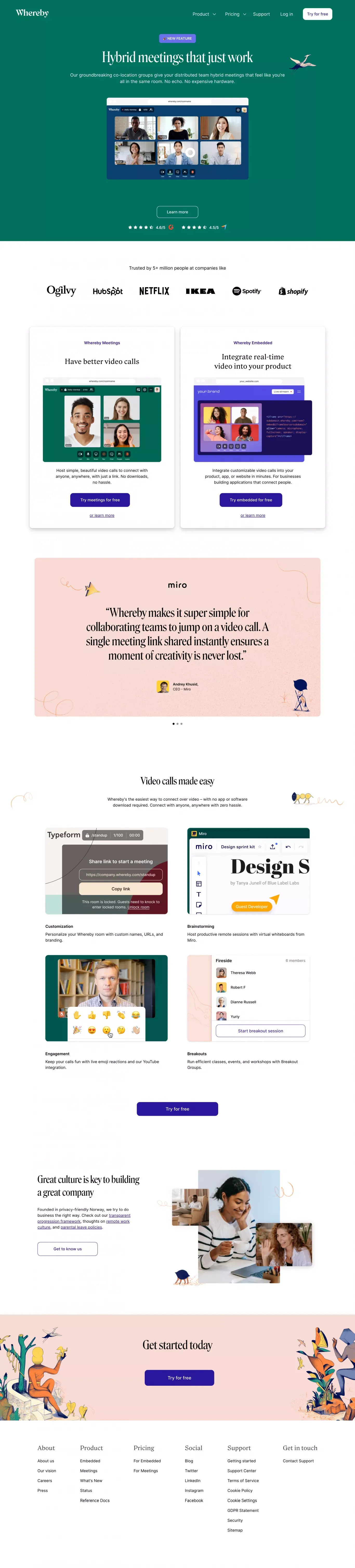 Video Meetings, Video Conferencing and Video Call API  | Whereby - Landing design