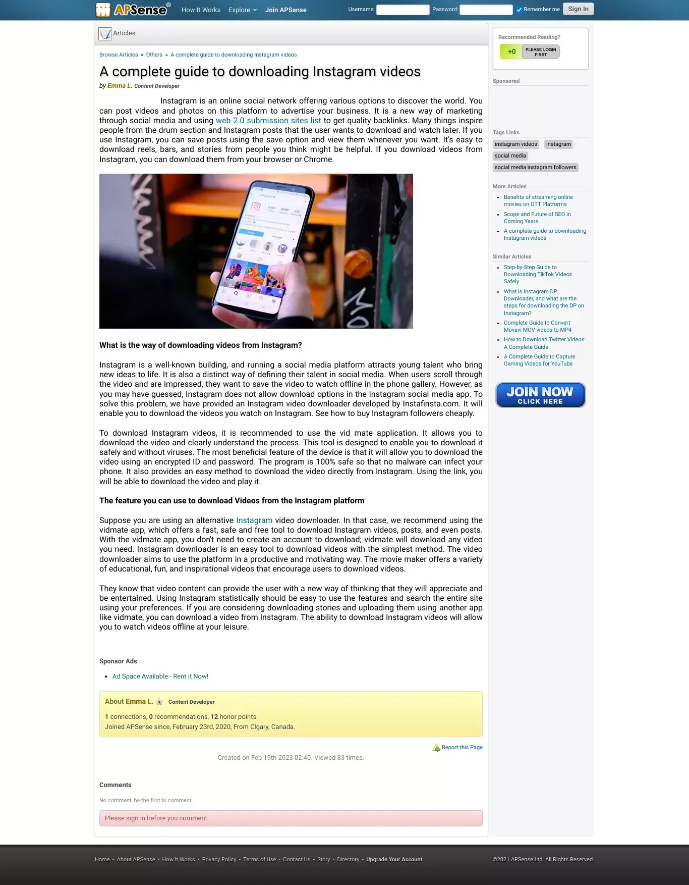 A complete guide to downloading Instagram videos by Emma L. - Blog Post design