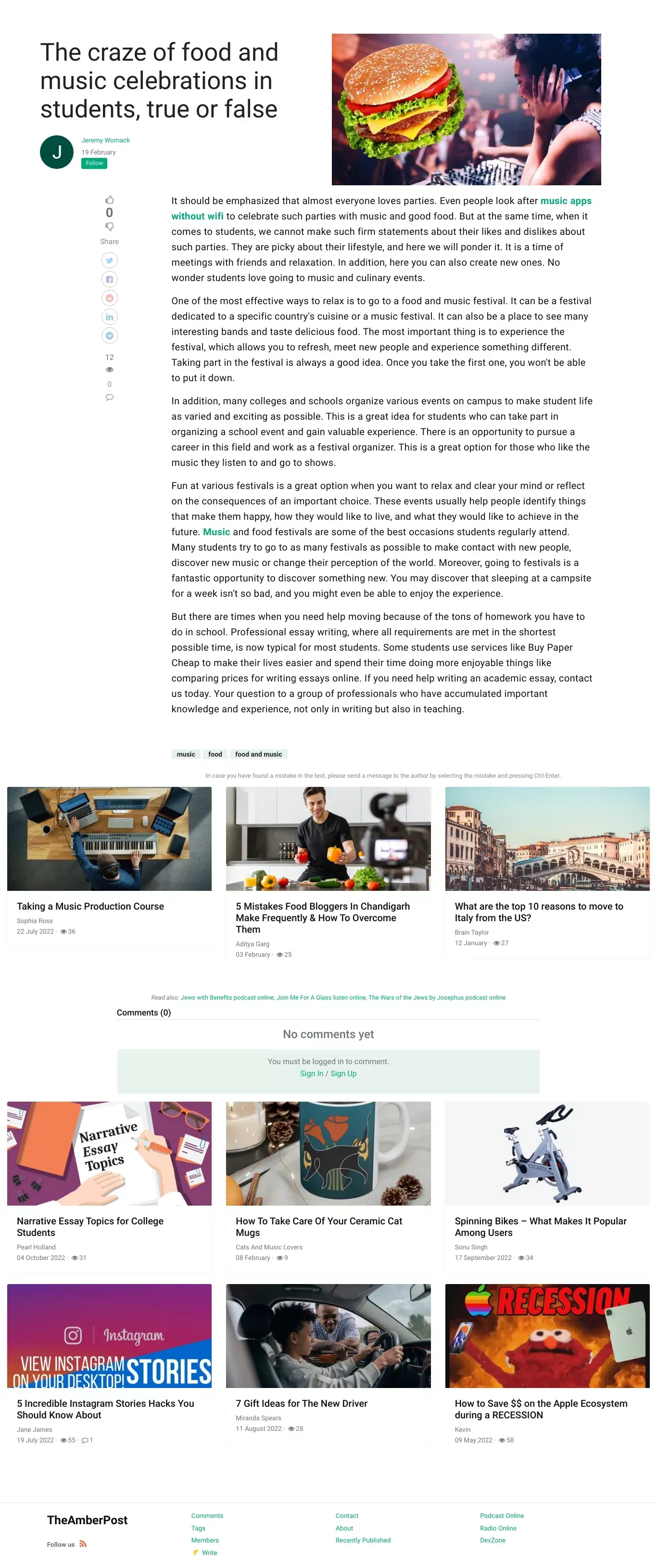 The craze of food and music celebrations in students, true or false | TheAmberPost - Blog Post design