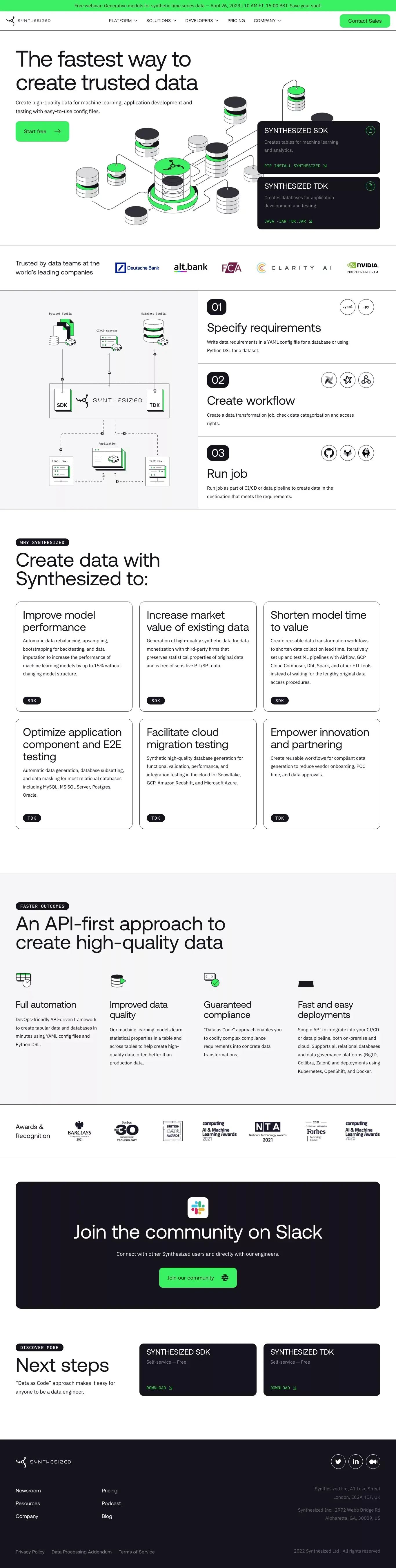 The first API-driven synthetic data generation platform - Synthesized - Landing design