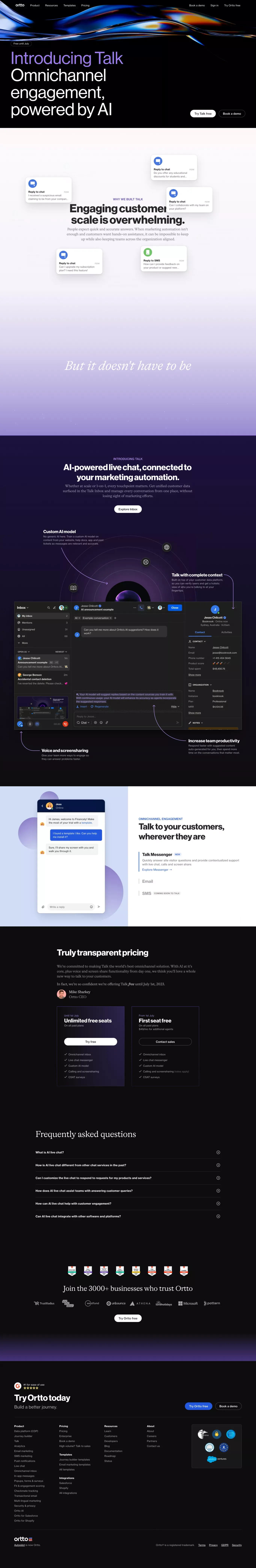 Talk, AI-powered omnichannel engagement platform | Ortto - Landing design
