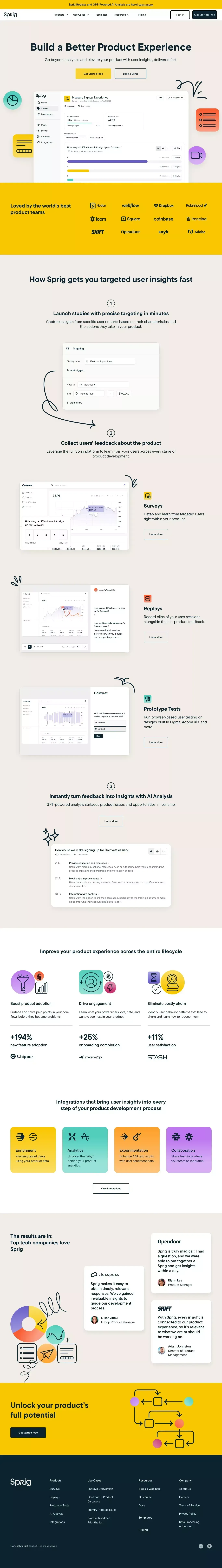 Sprig | User Insights Platform for Teams Building Better Product Experiences - Landing design