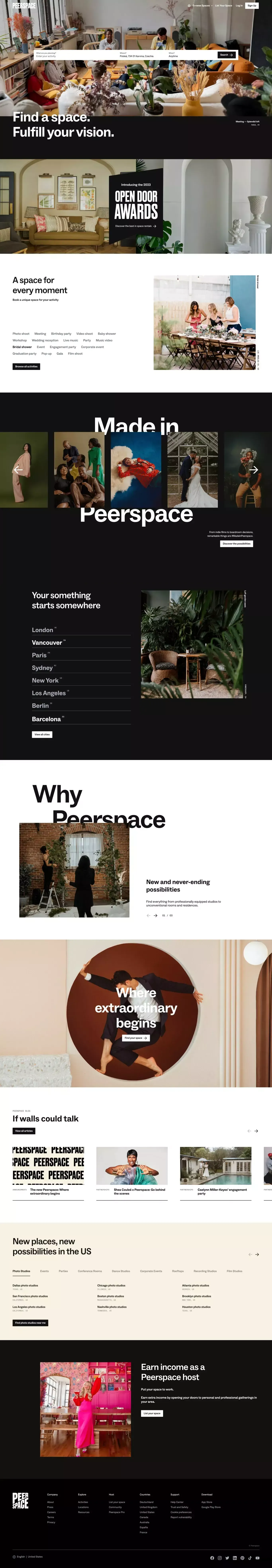 Peerspace | Unique venues for meetings, events, photo & film shoots - Landing design
