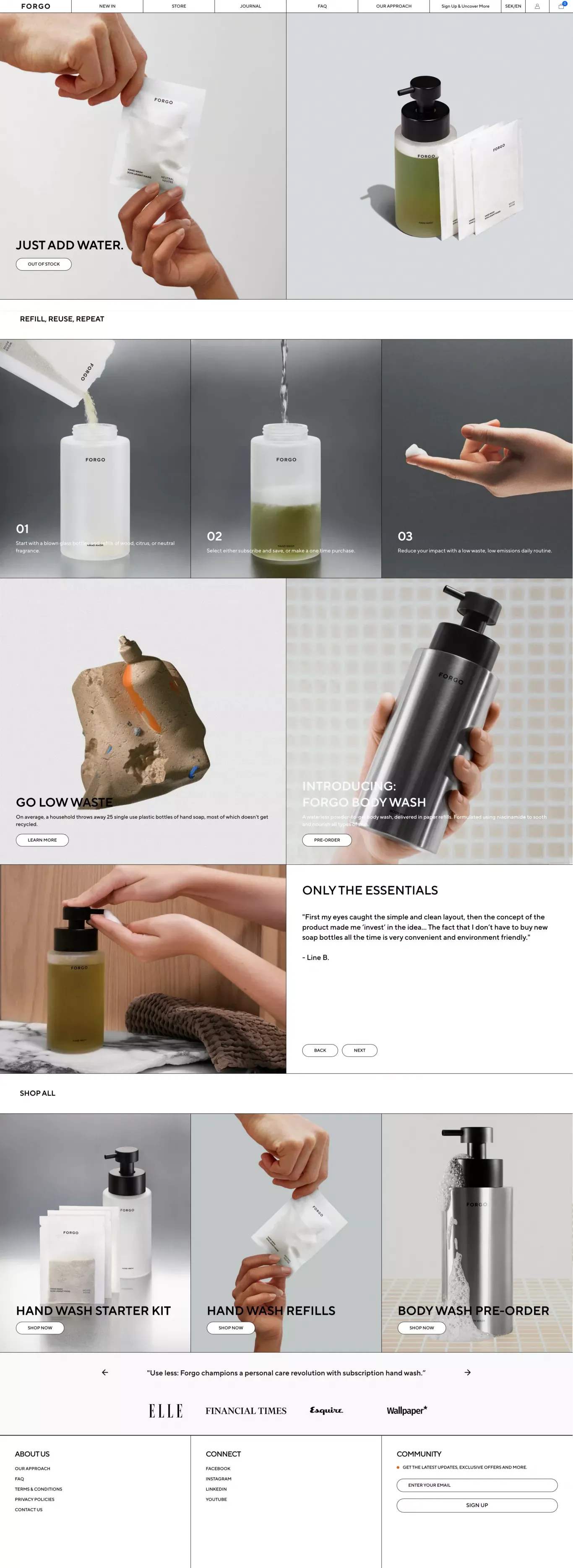FORGO | Hand wash Refills Reinvented – FORGO waterless personal care - Ecommerce design