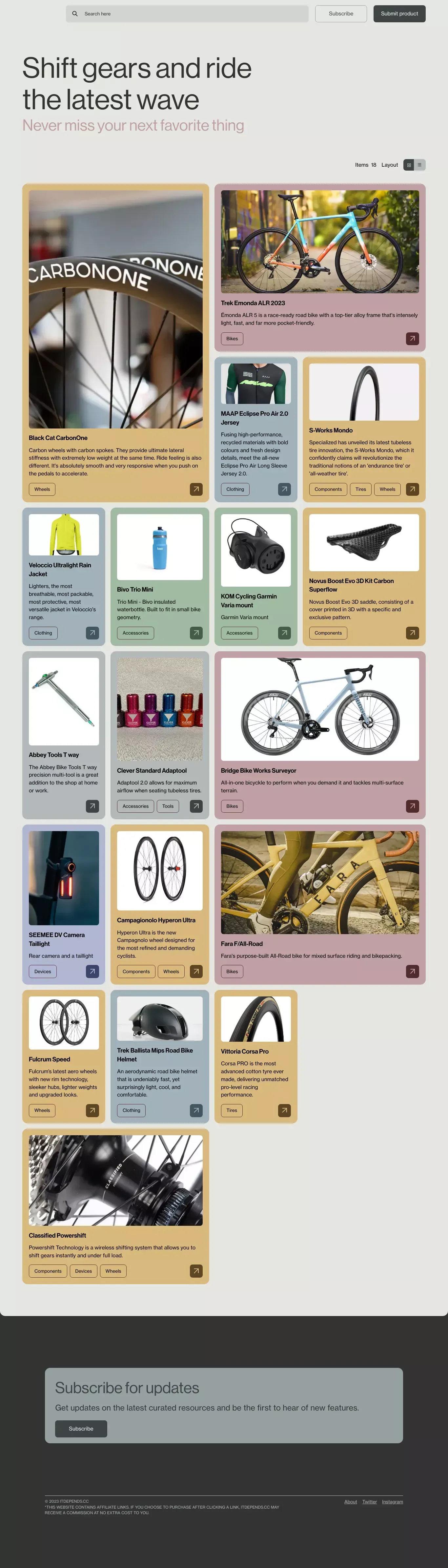 itdepends.cc - the best new products in cycling - Product listing design