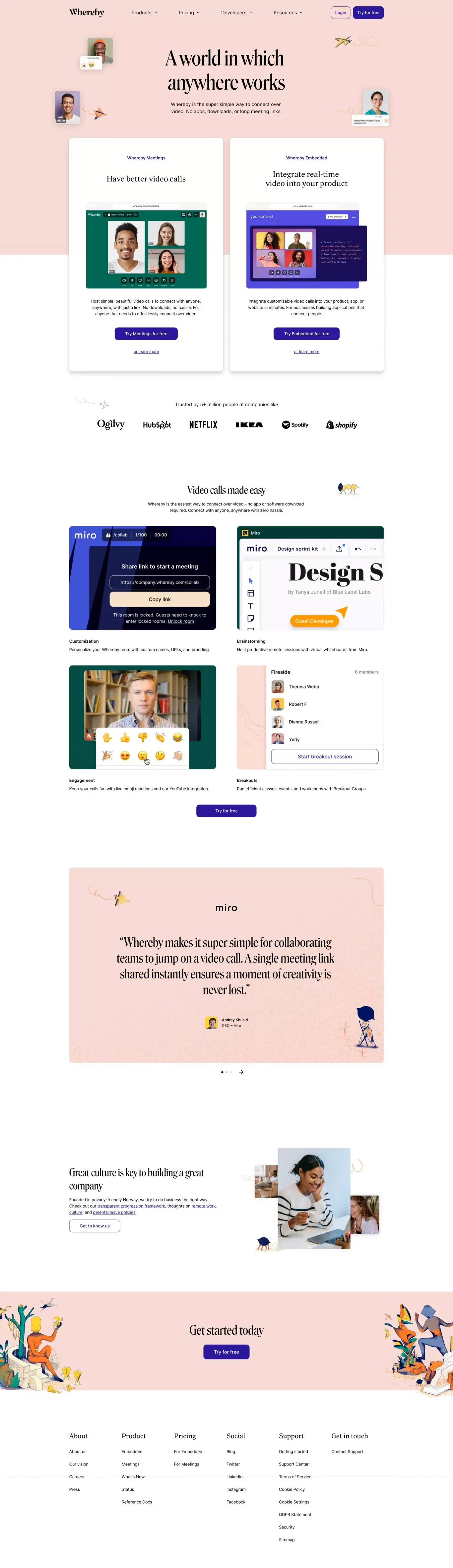Video Meetings, Video Conferencing and Video Call API | Whereby - Landing design