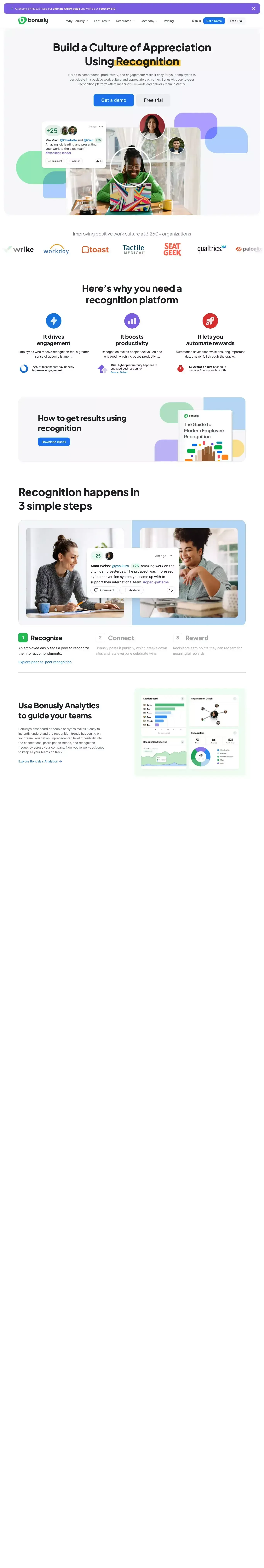 Bonusly | Fun and Smart Employee Recognition and Rewards - Landing design