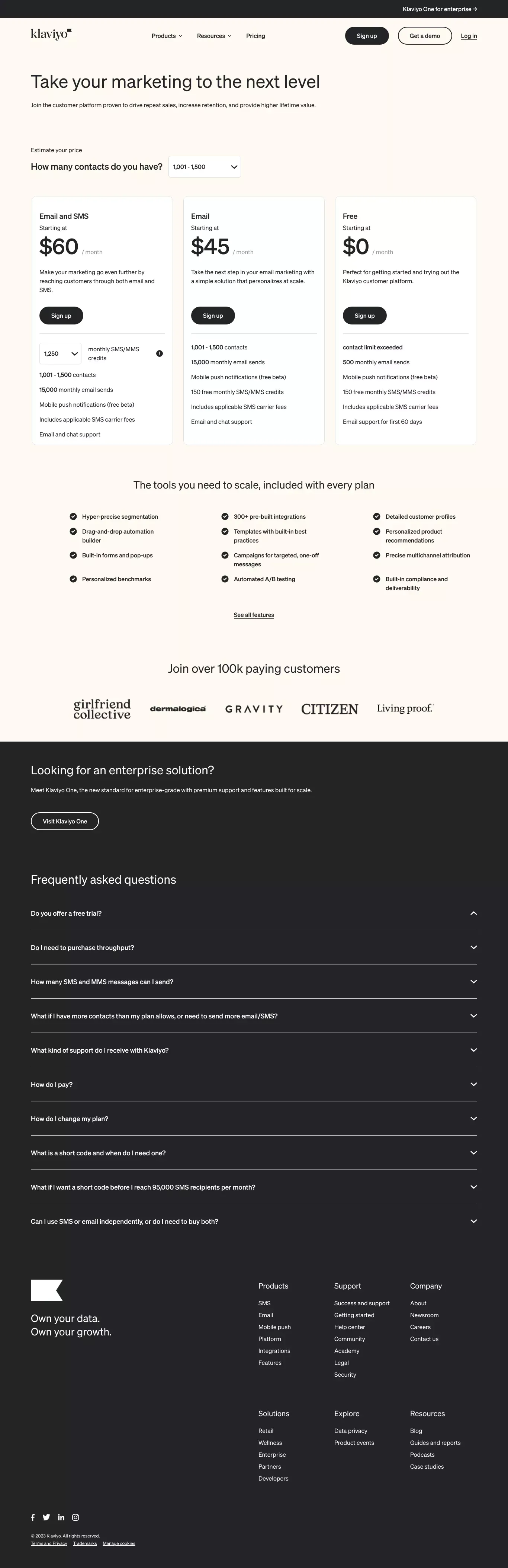 Email Marketing & SMS Pricing & Cost | Klaviyo Price Plans - Pricing design