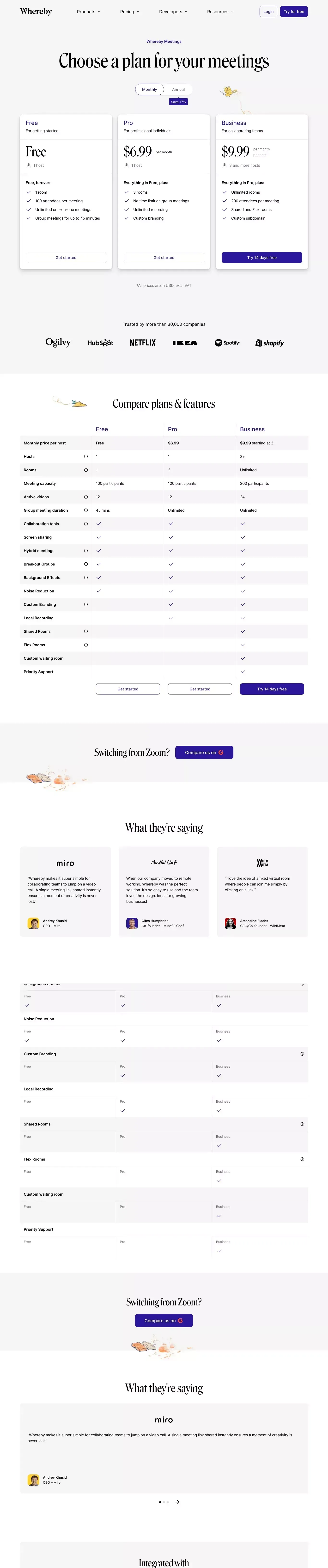 Video Meetings Pricing | Video Conferencing | Whereby - Pricing design