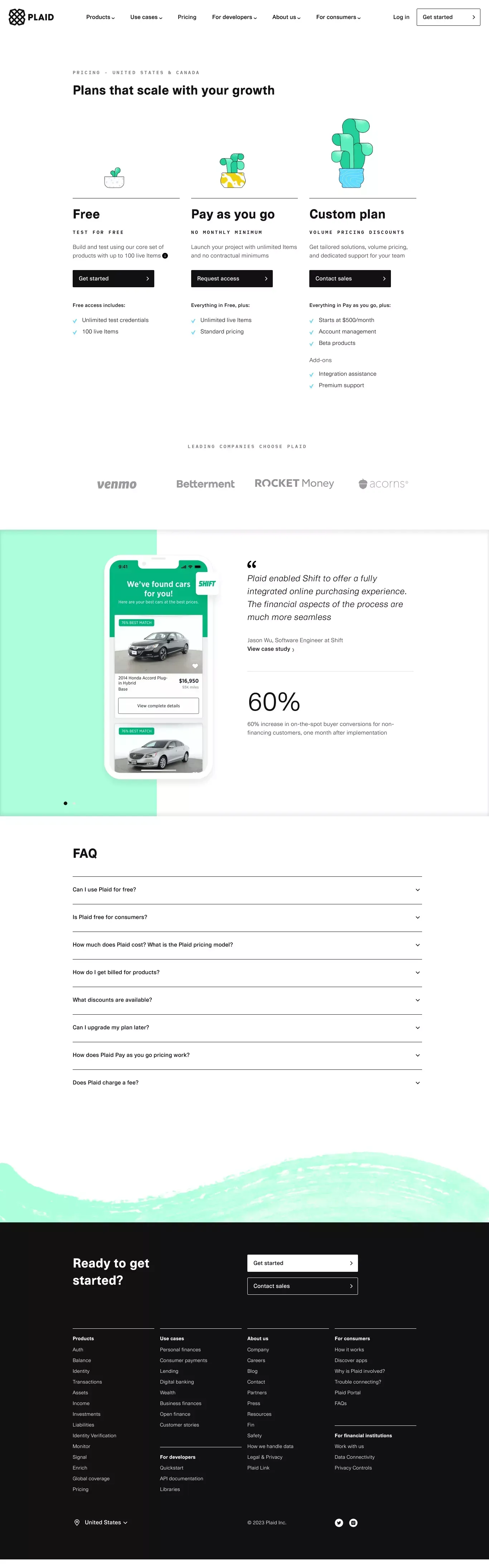 Pricing - United States & Canada | Plaid - Pricing design