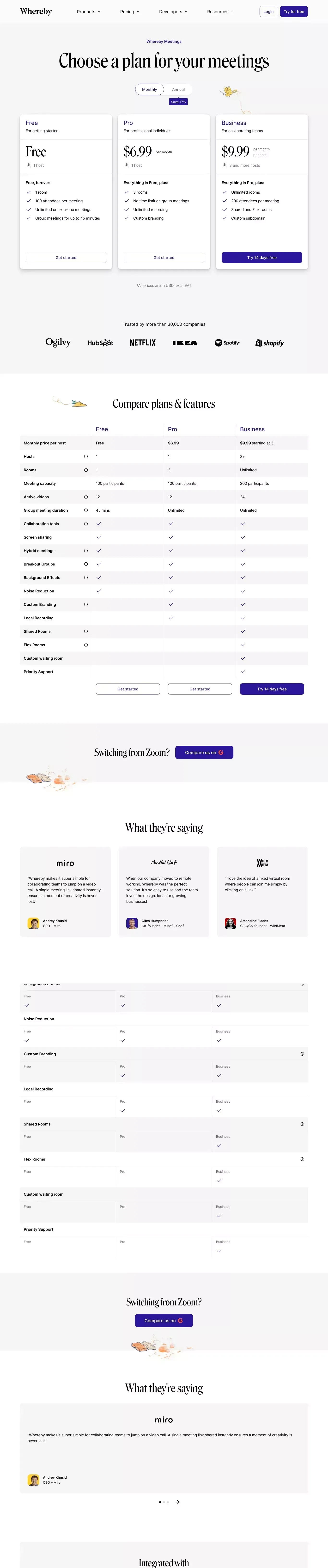 Video Meetings Pricing | Video Conferencing | Whereby - Pricing design
