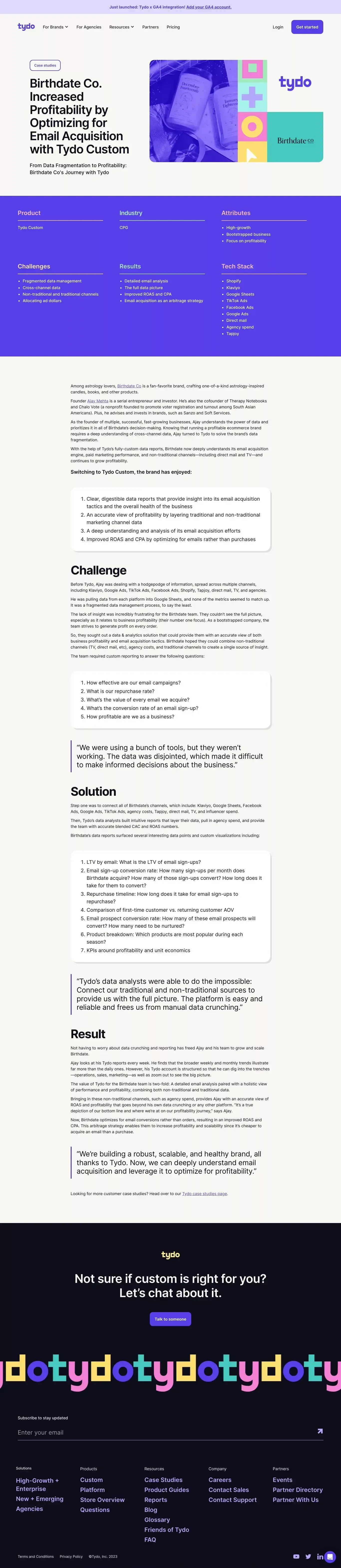 Birthdate Co. Increased Profitability by Optimizing for Email Acquisition with Tydo Custom - Case Study design