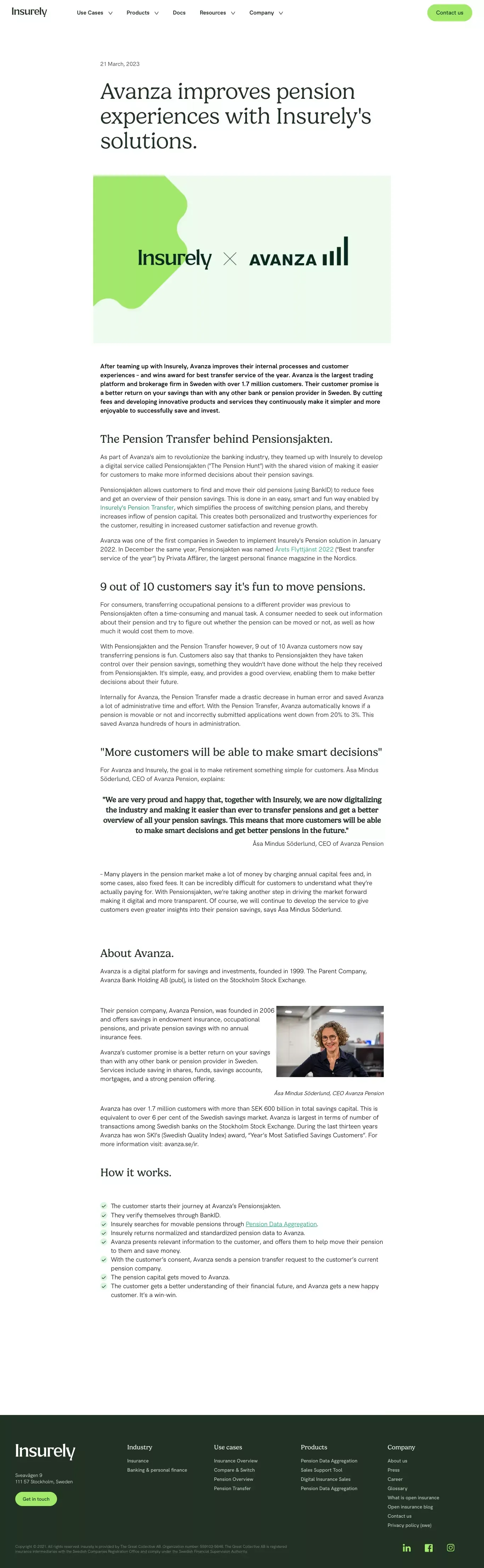 Avanza improves pension experiences with Insurely's solutions. | Insurely - Case Study design