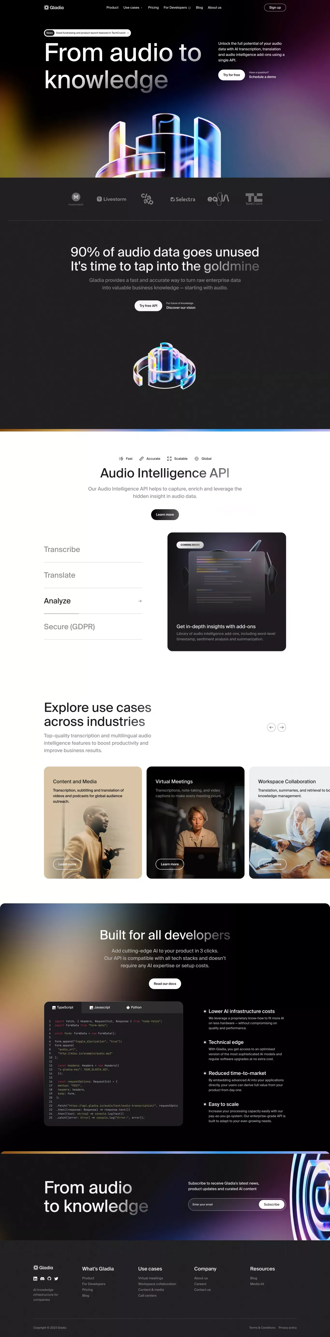 Gladia - From audio to knowledge - Landing design