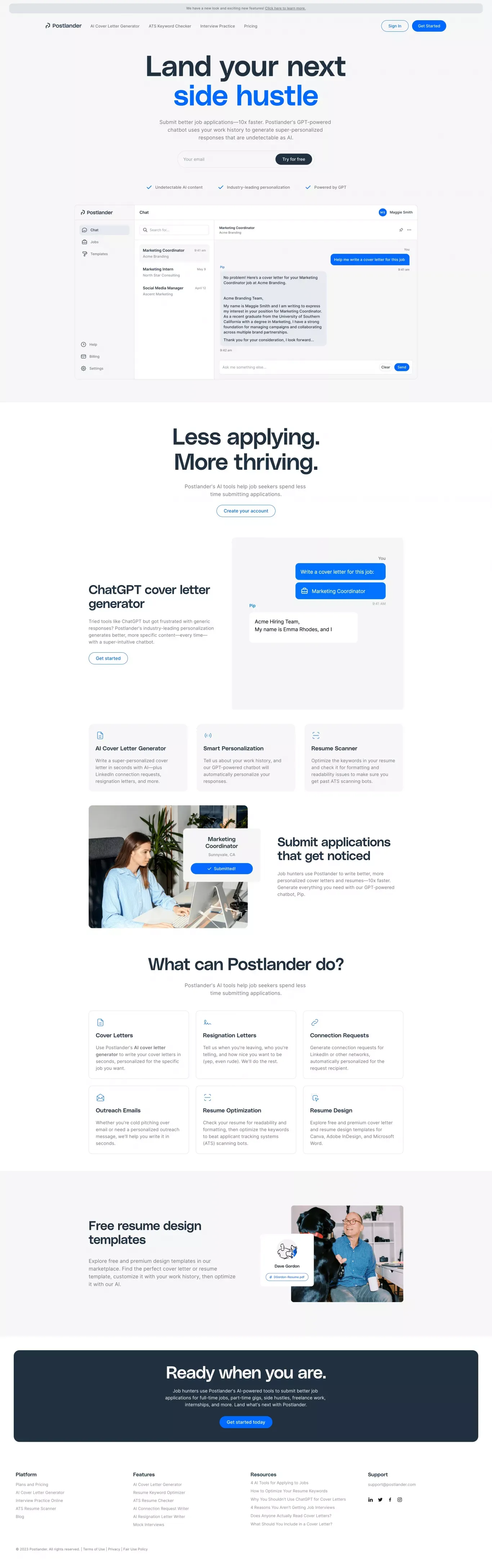 Postlander | AI Cover Letter Generator, Resume Keyword Checker - Landing design