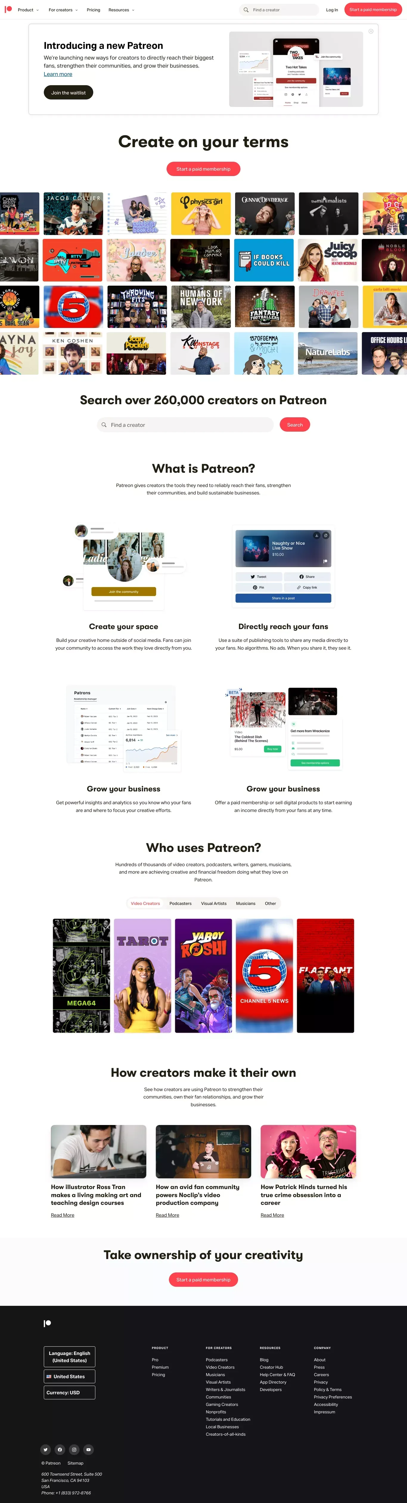 Creativity powered by membership | Patreon - Landing design