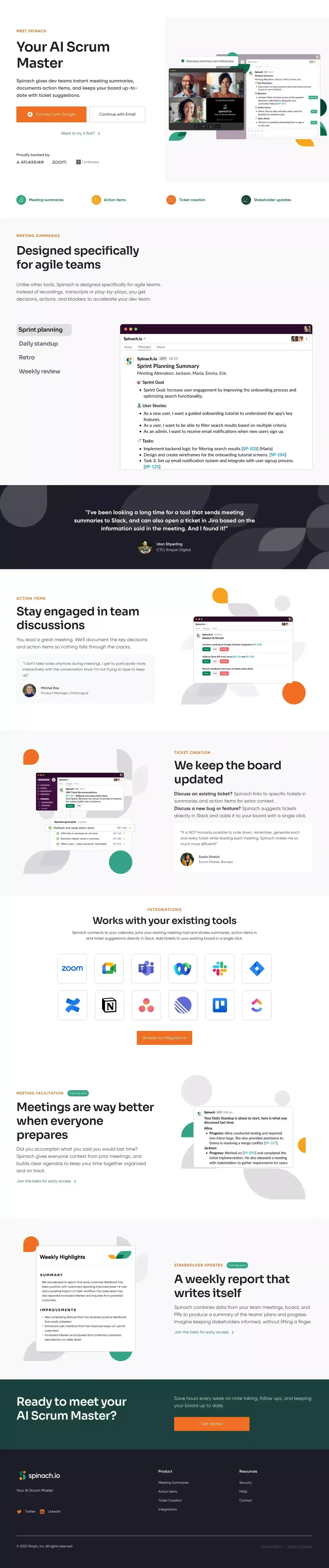 Meet your AI Scrum Master | Spinach.io - Landing design