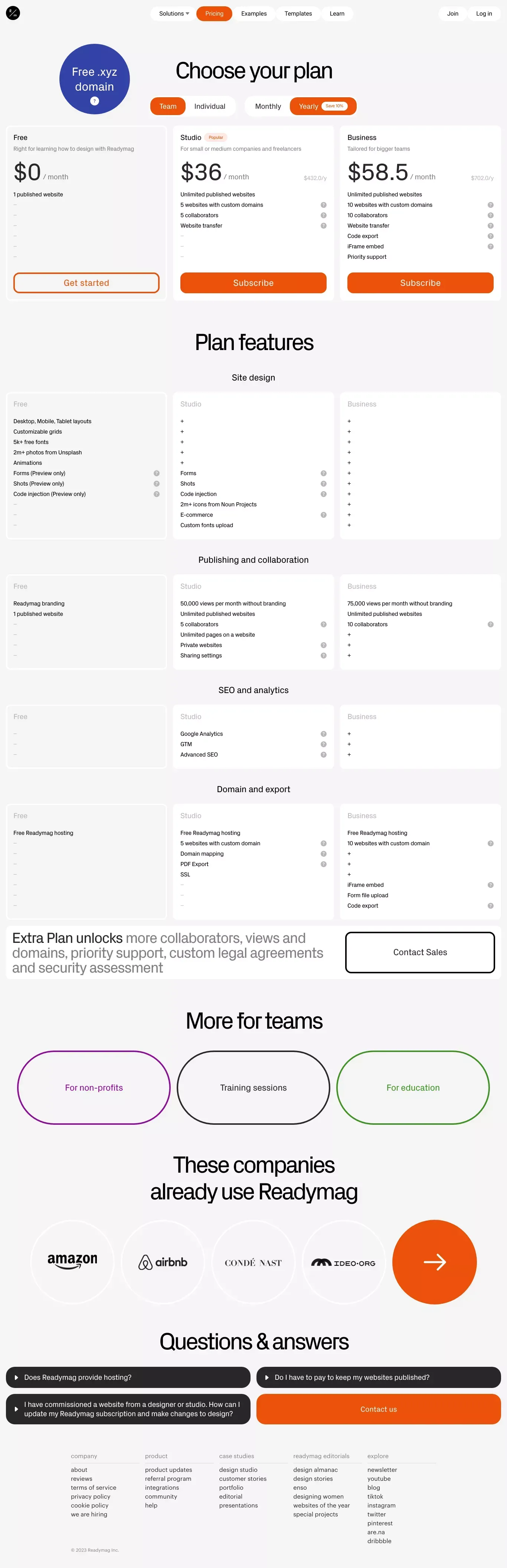 Readymag pricing and plans - Pricing design