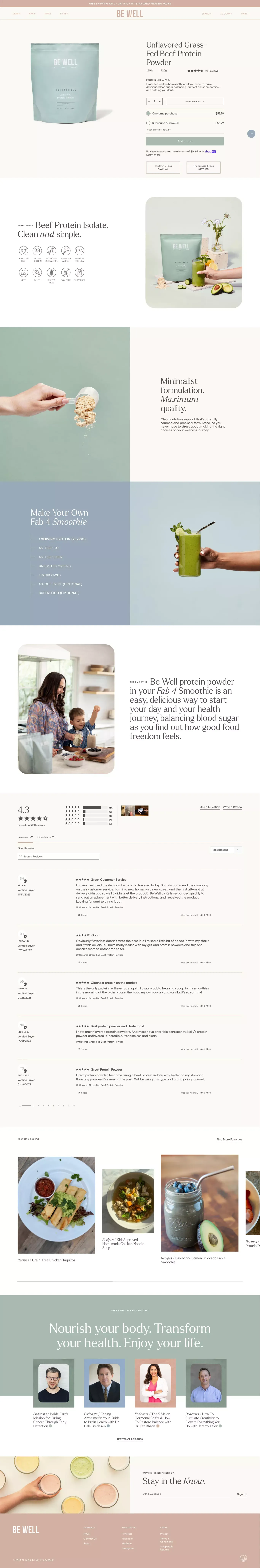 Unflavored Protein Powder from Swedish, Grass-Fed Beef | Be Well by Kelly - Product page design