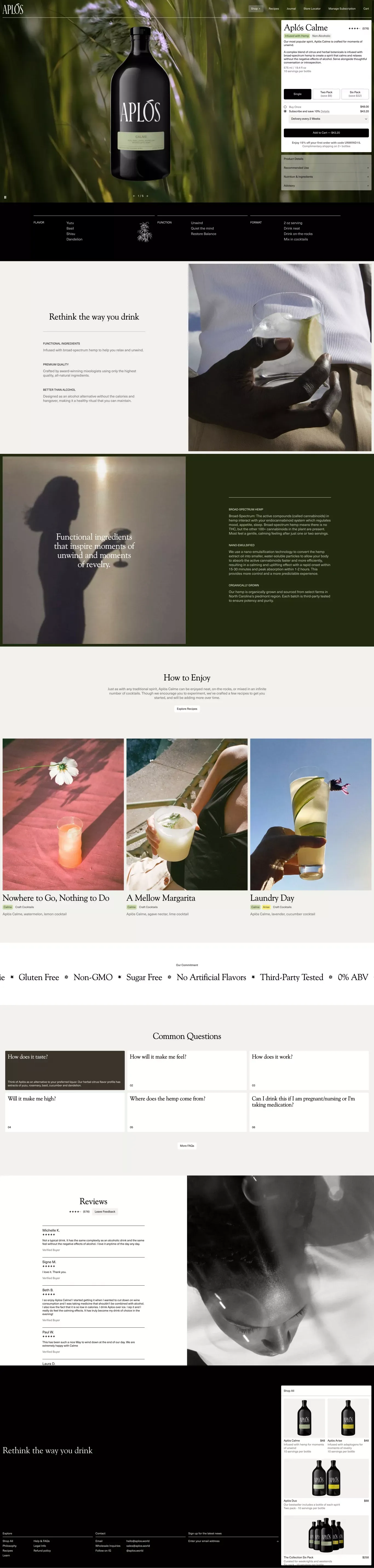 Aplós Calme - Hemp-Infused Non-Alcoholic Spirit - Product page design