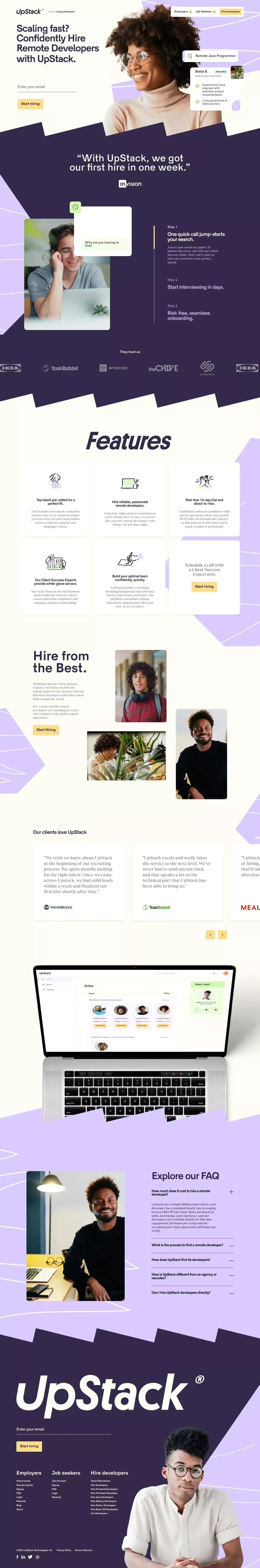 Hire Remote Developers | 1 on 1 Hiring Support with UpStack® - Landing design