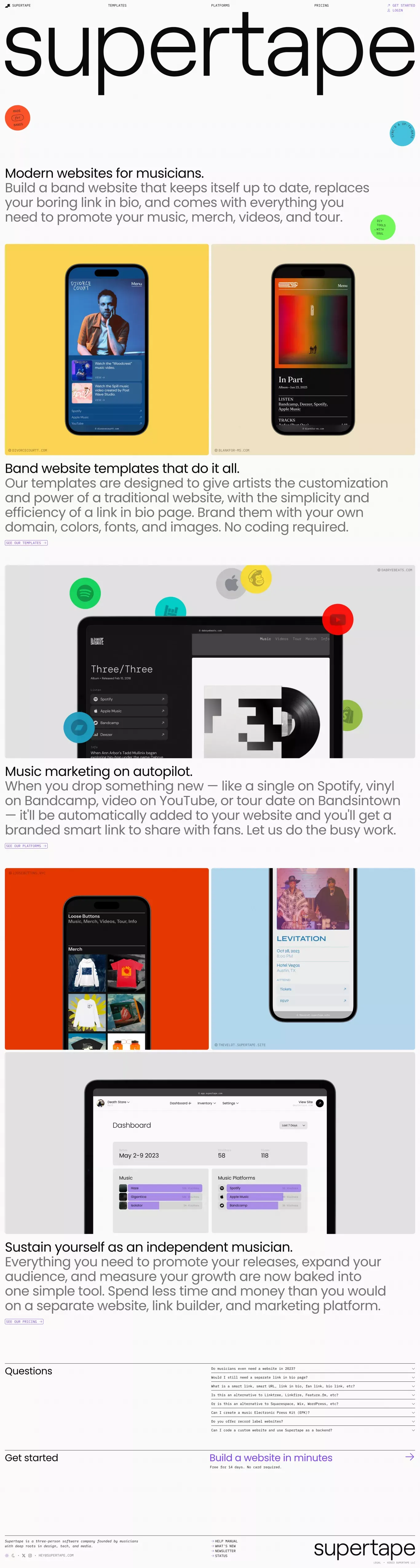 Musician Website Builder - Band Smart Link in Bio - Supertape - Landing design
