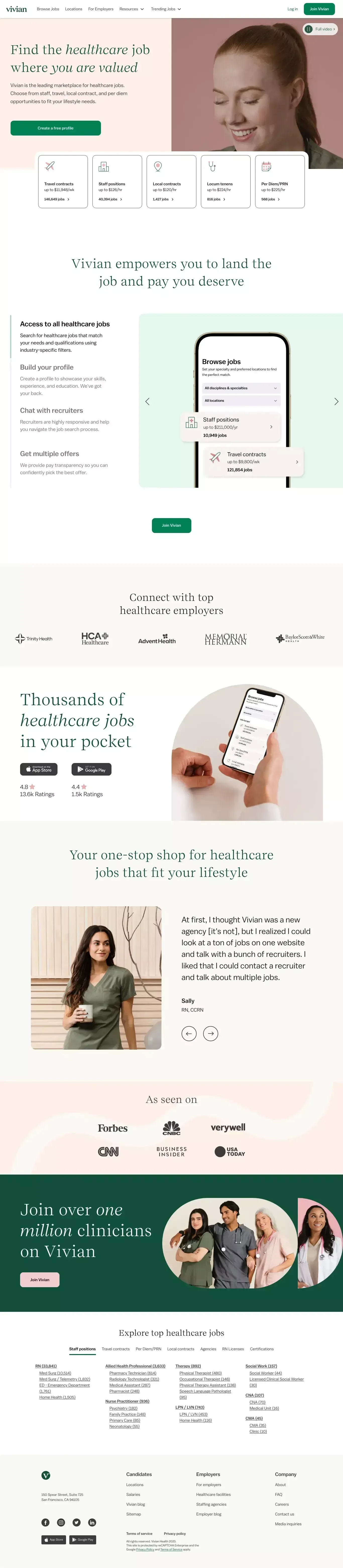 Find Healthcare & Nursing Jobs | Vivian Health - Landing design