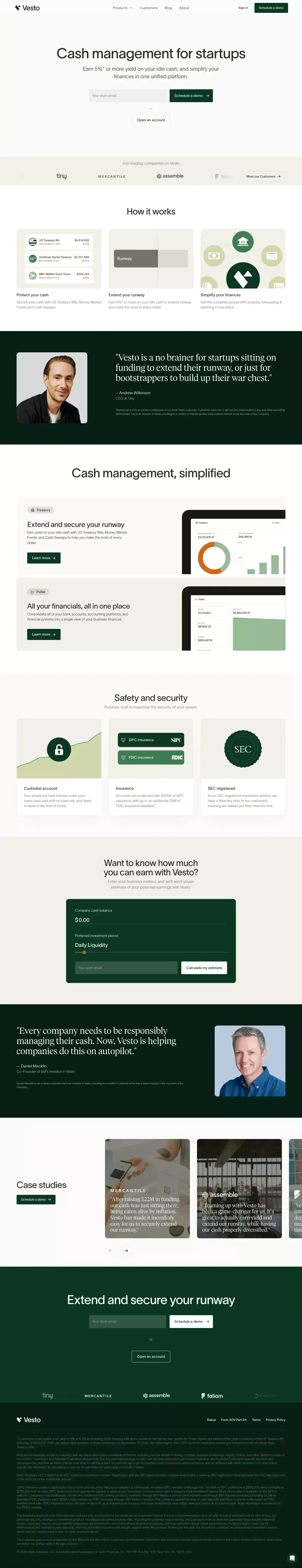 Vesto | Cash Management For Startups - Landing design