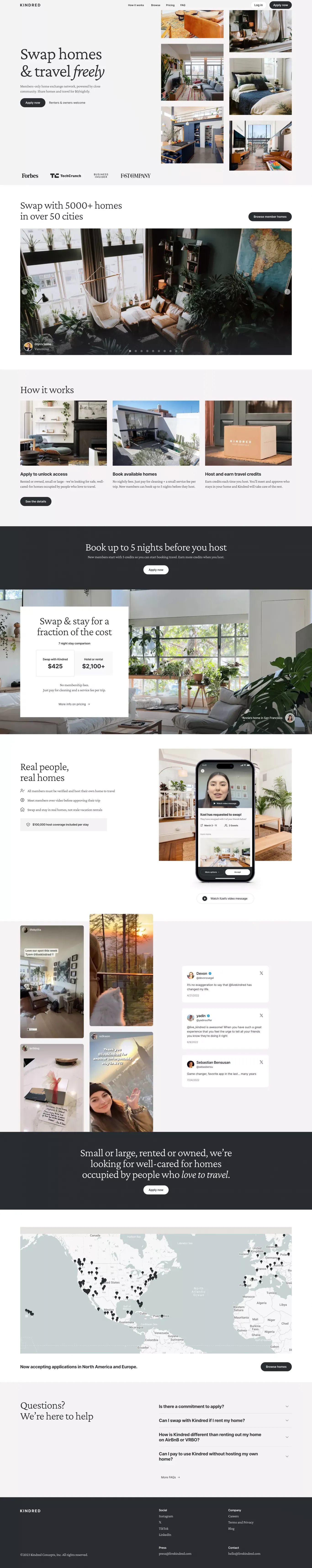 Trusted Home Swapping and Exchange Community | Kindred - Landing design