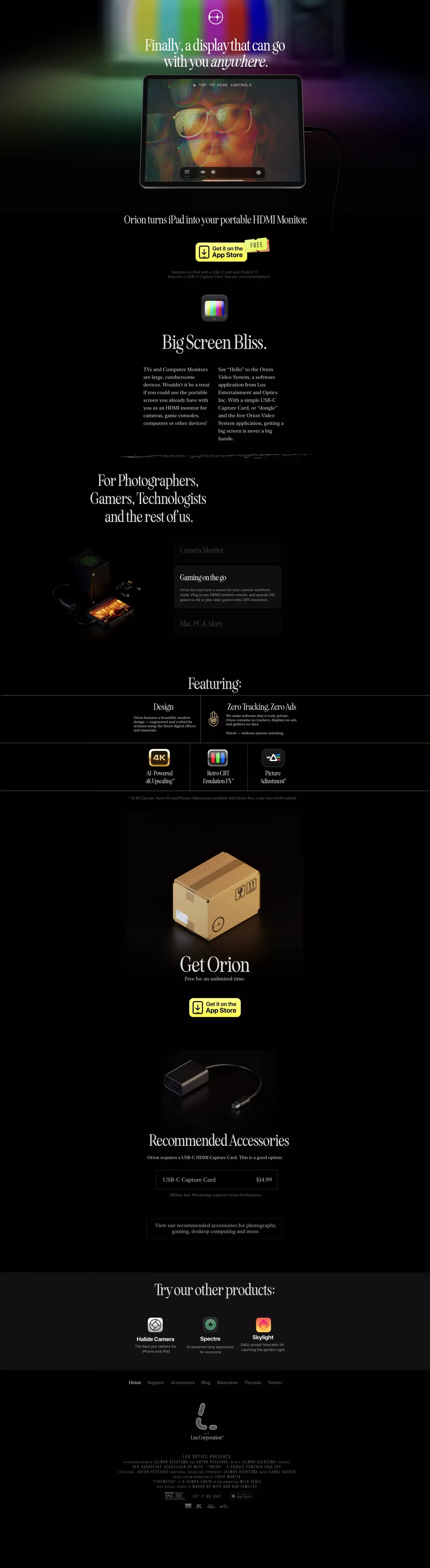 Orion - HDMI Monitor for iPad - Landing design