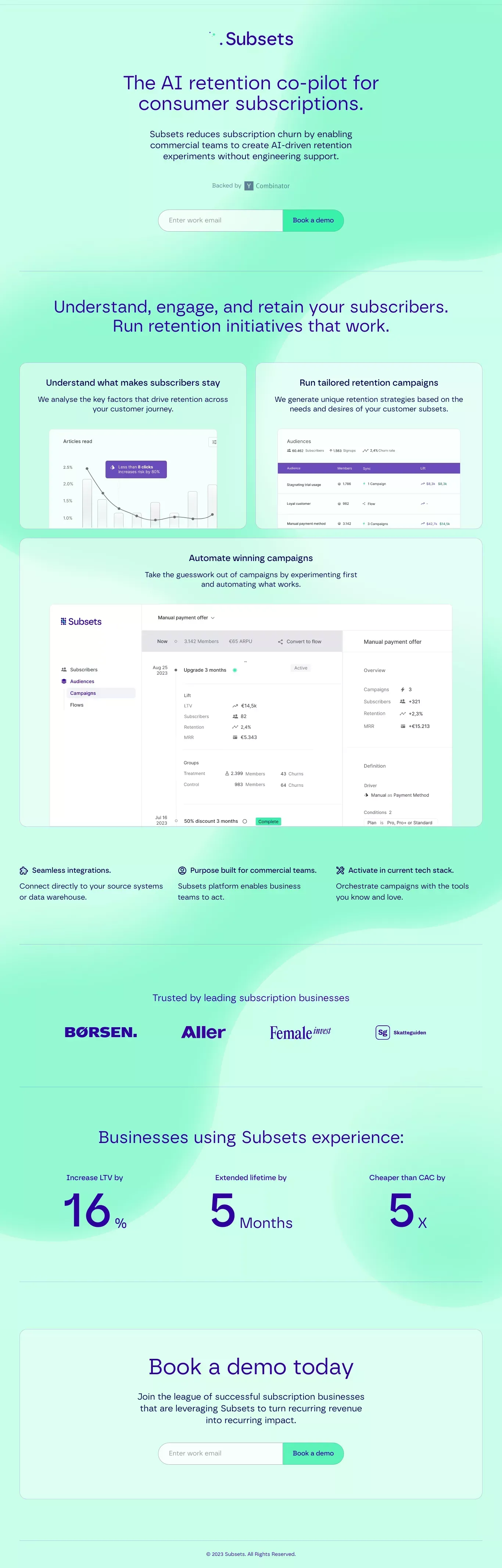 Subsets · The AI retention co-pilot for your subscription business. - Landing design