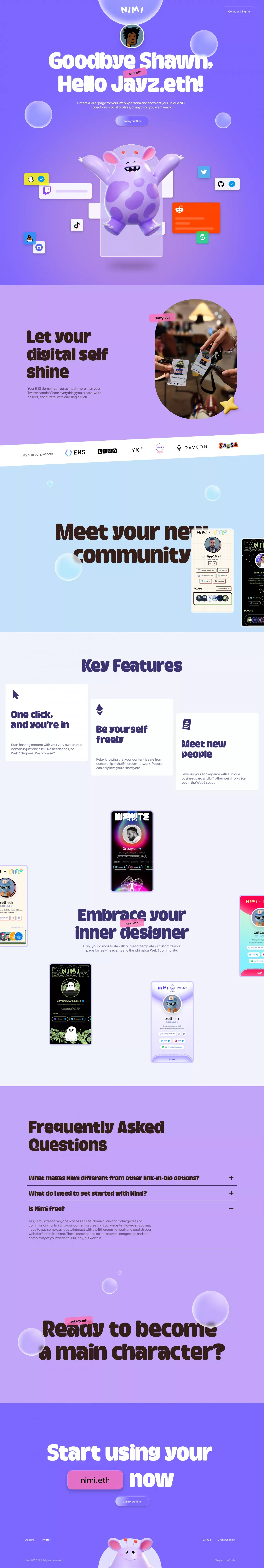 Nimi: Your Web3 social media but way better - Claim yours today - Landing design
