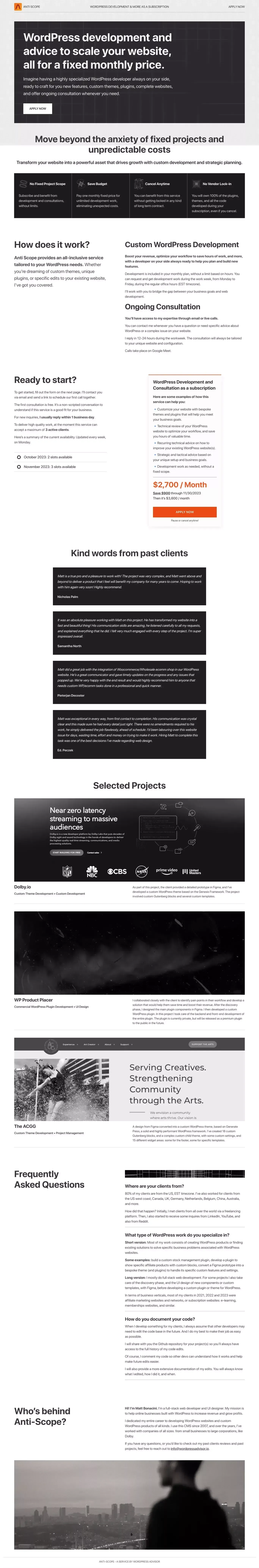 Anti-Scope: WordPress Development & More as a subscription - Landing design