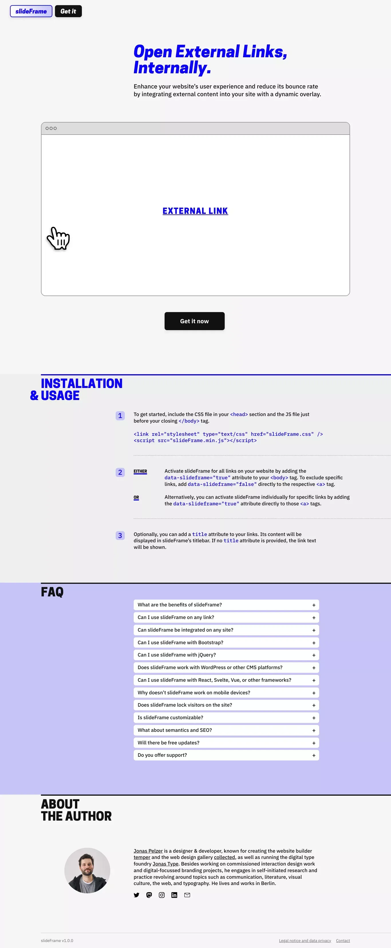 slideFrame â Open External Links, Internally. - Product page design