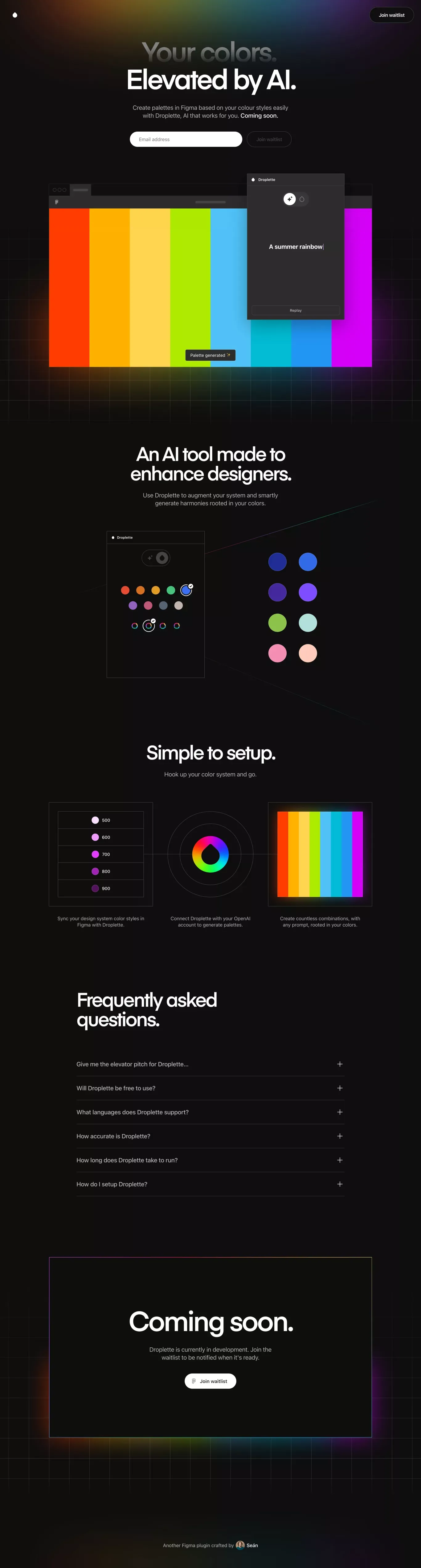 Droplette: Smart AI-Powered Color Palette Generator for Figma - Landing design
