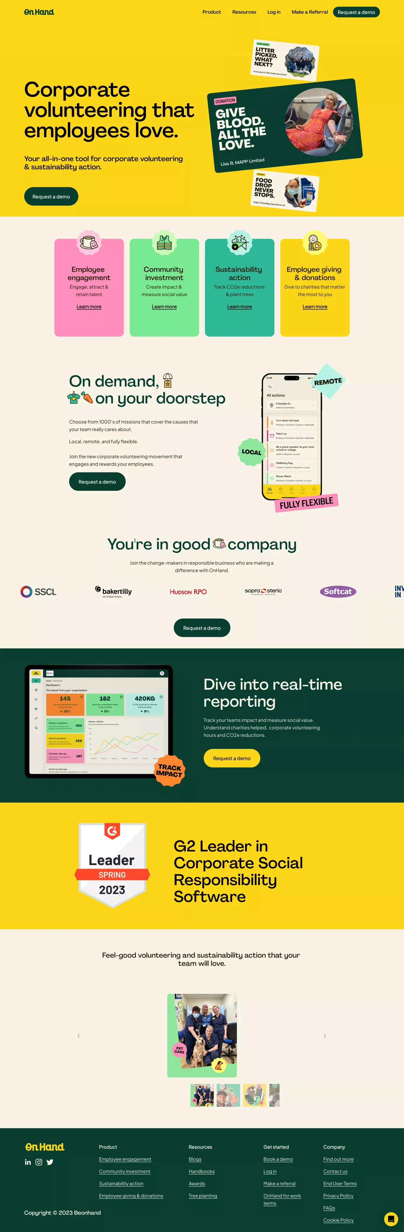 OnHand | Corporate Volunteering Made Easy | Engage employees In Doing Good - Landing design