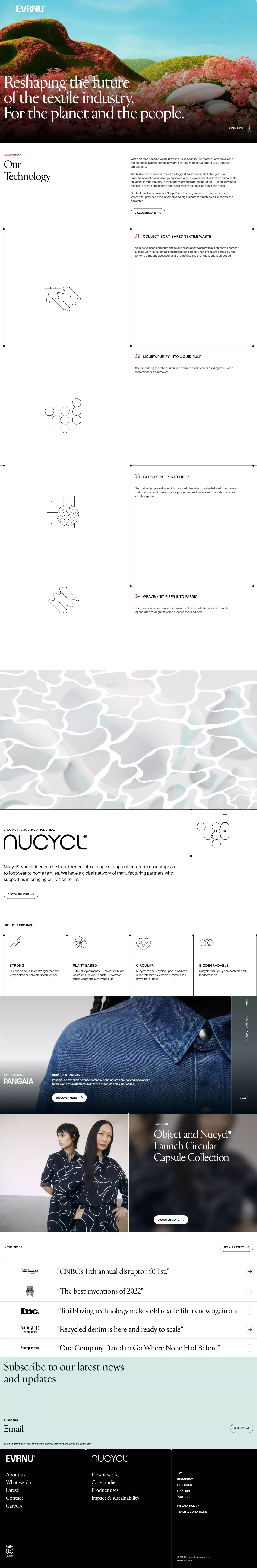 Evrnu® - a recycling textile supplier with a social purpose - Landing design
