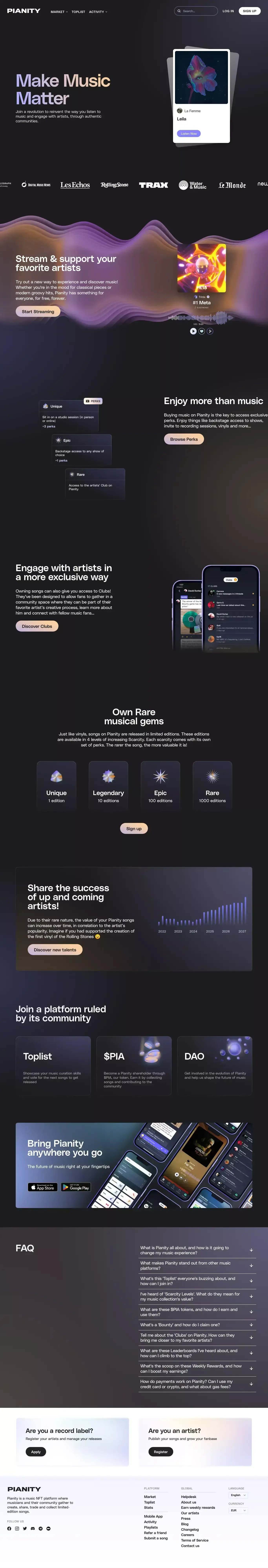 Pianity - Stream & Collect unique Musical Experiences - Landing design